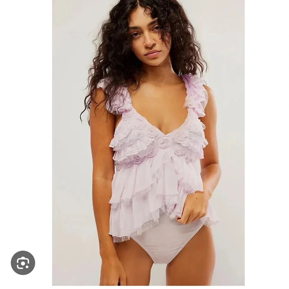 Free People Intimately All Dolled Up Tiered Ruffles Rosettes Bodysuit - Picture 2 of 8